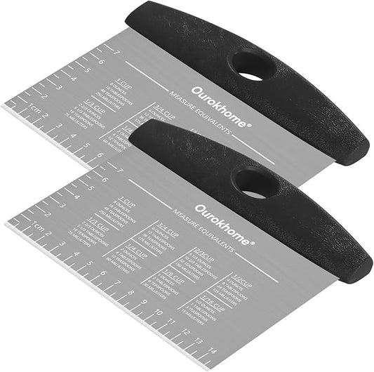 Ourokhome 2 Pack Bench Scraper Dough Cutter, Stainless Steel Dough Scraper with Laser-Etched Scale, Conversion Chart, Non-Slip Handle, Dishwasher Safe for Bread & Pastry, Black