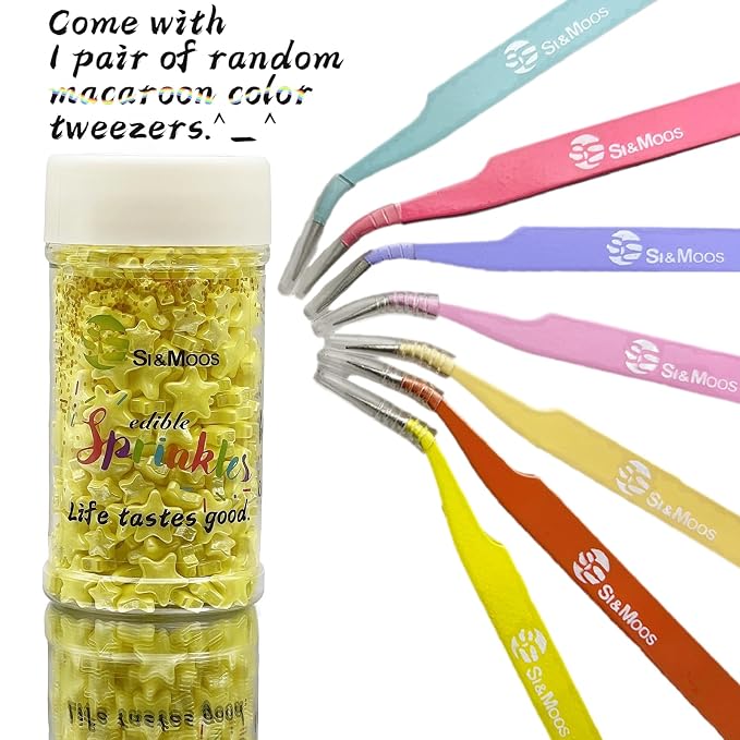 SE Si&Moos Yellow Star Sprinkles for Cake Decorating Star Cake Decorations Large and Small Edible Yellow Stars, Shower Party Birthday Halloween Christmas Supplies 3 OZ with Tweezers