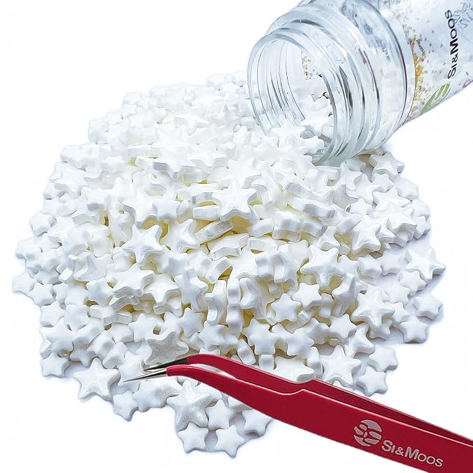 SE Si&Moos White Star Sprinkles for Cake Decorating Star Cake Decorations Large and Small Edible White Stars, Shower Party Birthday Halloween Christmas Supplies 3 OZ with Tweezers