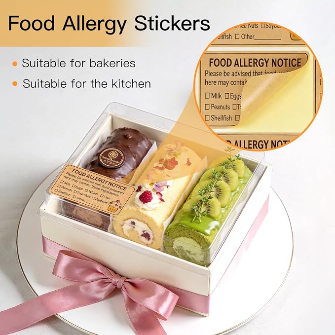 180 PCS Allergy Stickers for Cake,Kraft Paper Food Allergy Warning Labels,Ingredients Label Sticker for Bakery,Food Bag,Restaurant,Kitchen(1.1x2.2inch)