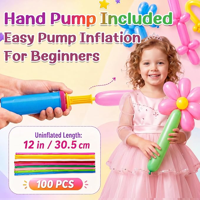 100 Pcs 260 Balloons Kit with Pump - Kids Premium Latex Twisting Long Balloons to Make Animals Flowers, Fun Rainbow Balloons for Party Boys Girls Birthday Gifts Clowns Wedding Decor