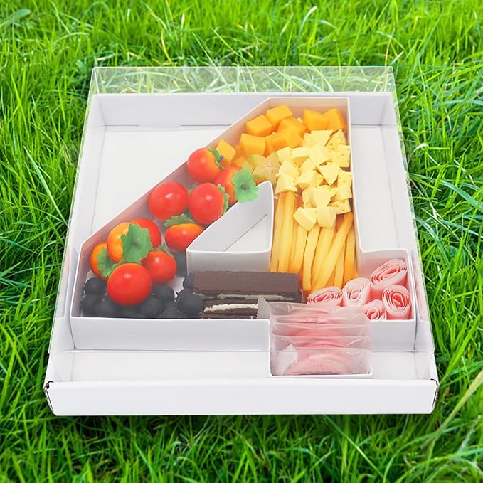 WENPACK 12.5" Cardboard Number Shaped Mache Strawberries Fillable Sweets Candy Box with Clear Lid (White, 4)