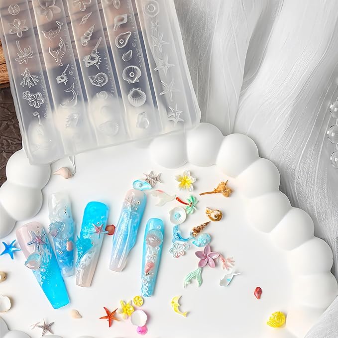 Ocean Nail Art Silicone Mold, 3D Seashell Starfish Conch Nail Charms Mold, Marine Theme Silicone Mold for Acrylic Gel Resin Nail Decoration, Reusable DIY Nail Accessories