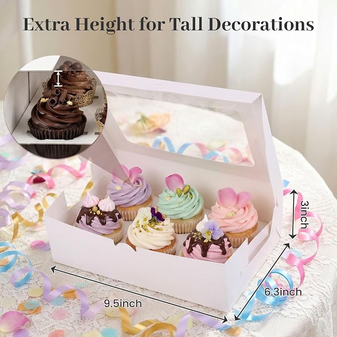 HONEYGIFTS 6 Count White Cupcake Boxes, 6 Sets Cupcake Carrier with Window Boxes Holding 36 Pastry Box for Birthday Holiday Party Bakery Supplies