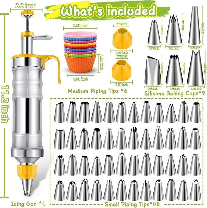 NOVANO Dessert Decorating Syringe Set, Yellow | Frosting Piping Kit, Stainless Steel, 54 Piping Tips, 9 Silicone Cupcakes