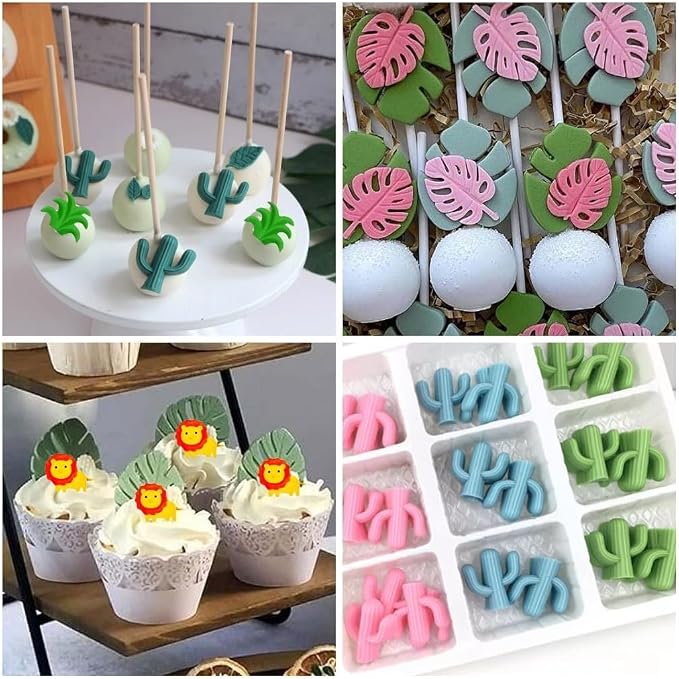 Tropical Flower Leaf Silicone Mold, 4 Pcs Hibiscus Plumeria Flower Cactus Fondant Molds Tropical Palm Leaves Chocolate Molds for Candy Cake Decoration Cupcake Topper Gum Paste Polymer Clay