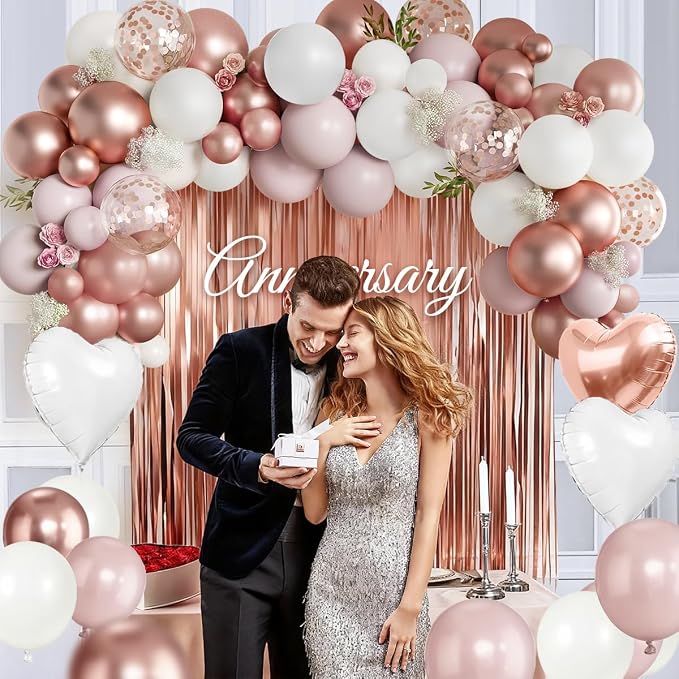 157PCS Rose Gold Dusty Pink and White Balloons with Rose Gold Fringe Curtain for Woman Girl Princess Birthday Bridal Shower Engagement Wedding Baby Shower Valentine’s Day Decorations