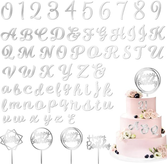 Teenyyou 68 Pcs Acrylic Alphabet Number Cake Topper 0-9 Number and A-z Letters Personalized Cake Picks Decor DIY Name Cupcake Toppers Graduation Wedding Baby Shower Party(Silver)