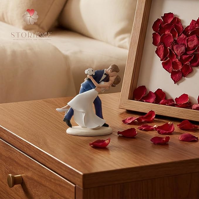 Storieme Wedding Cake Topper Decoration: Bride and Groom Kissing Resin Figurine with Secure Base – Romantic Couple Gifts for Wedding Anniversary & Engagement