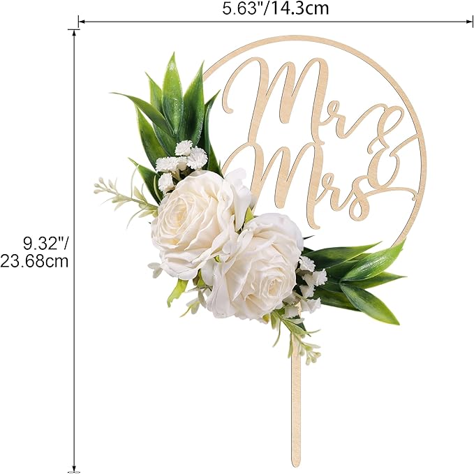 Mr & Mrs Wedding Cake Topper in Wood with Handcrafted 3D Artificial White Flowers and Green Leaves Design Cake Decoration for Wedding 3D White Roses