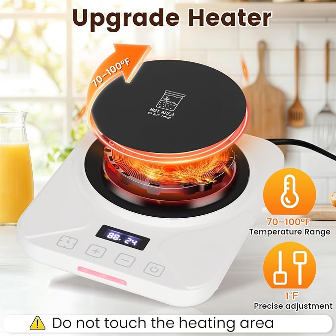 Sourdough Starter Warmer with 1°F Thermostat Control(70-100℉)24H Timer Memory Function Heating Pad for Fermentation, Heating Mat for Home Baking Fits Jars Up to 40oz (White)