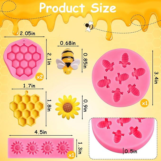 MEMOVAN Bumble Bee Silicone Mold 4Pcs Honeycomb Fondant Mold Sunflower and Bee Candy Molds Bee Hive Chocolate Molds for Cupcake Cake Decoration Dessert Chocolate Gum Paste Polymer Clay