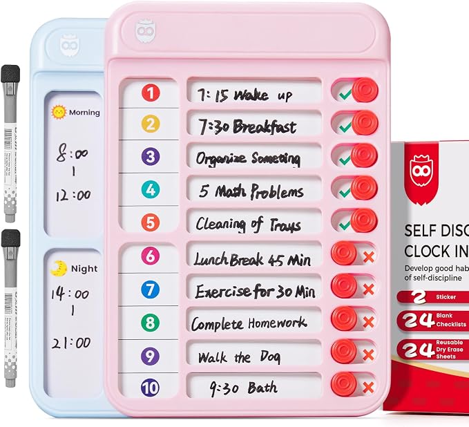 Magnetic Chore Chart for Kids, ADHD Tools to Do List Check List Chart Board Routine Chart, Visual Schedule for Fridge, Home with 10 Sliders and Magnetic Marker - (Blue+Pink)
