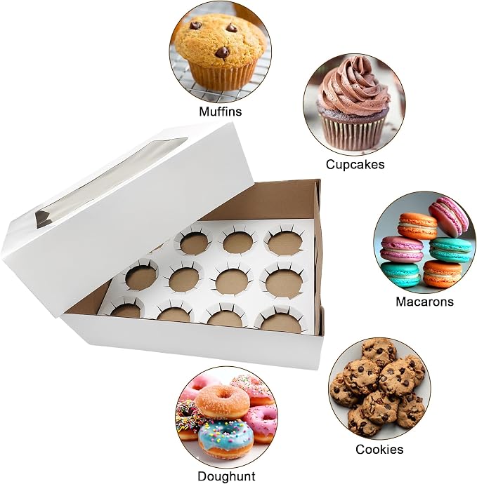 Jotique 12 Count Sturdy Corrugated Cupcake Boxes with Window, 12 Pack 13.25x10.25x4 Inch Bakery Holders for Cookies and Muffins, Disposable Treat containers for Pastry, Baked Goods, Gift Giving