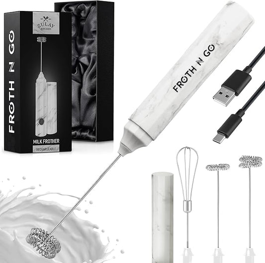 Zulay Froth N Go Milk Frother – Rechargeable 3-in-1 Handheld Frother Wand with Travel Case & USB-C Charger – Single, Double & Egg Whisk for Latte, Cappuccino, Matcha, Protein Shakes - Frosted Marble