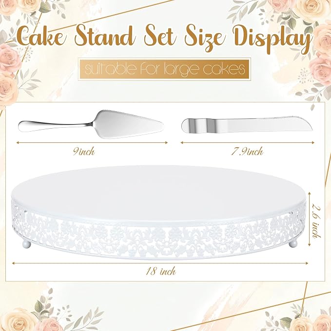 Wenqik 18 Inch White Cake Stand Set Metal Round Cupcake Dessert Stand with Cake Cutting, Flower Spatula Wedding Cupcake Pastry Display Candy Holder Display for Wedding Party Birthday Baby Shower