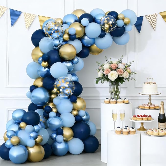 Blue Gold Balloons Garland Arch Kit, Navy Blue Light Blue Metallic Gold Blue Balloon Arch Kit, Macaron Blue Gold Confetti Balloon for Birthday Baby Shower Wedding Graduation Father’s Party Decorations