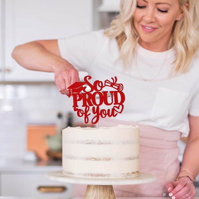 1 Pack So Proud of you Cake Topper with Gold Glitter Diploma Graduation Cap Cake Pick Contrats Class of 2024 Cake Decorations for 2024 Graduation Theme High School Boys Girls Graduate Party Red