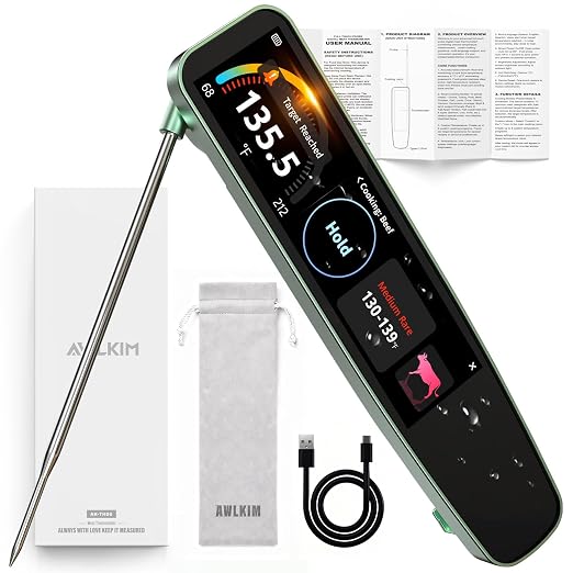 AWLKIM Instant Read Meat Thermometer Digital, 3.8" Touchscreen No App Needed Rechargeable Waterproof Kitchen Food Thermometer Probe for Cooking, Grill, BBQ, Candy, Oil Frying, 0.5F