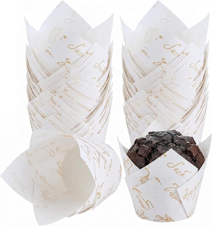 200 Pcs White Tulip Cupcake Liners for Baking, White Letters | Standard Greaseproof Tulip Muffin Liners for Baking, 3oz White Paper Cupcake Wrappers for Party Wedding Birthday