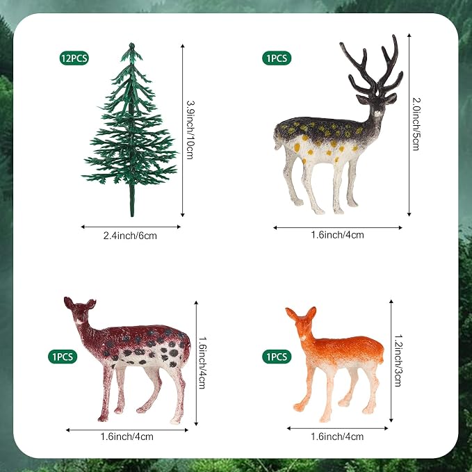 Hooqict 15Pcs Deer Christmas Tree Cake Topper with Tree Deer Figurines Hunting Cake Decorations for Winter Forest Woodland Birthday Party Supplies Animals Christmas Decorations