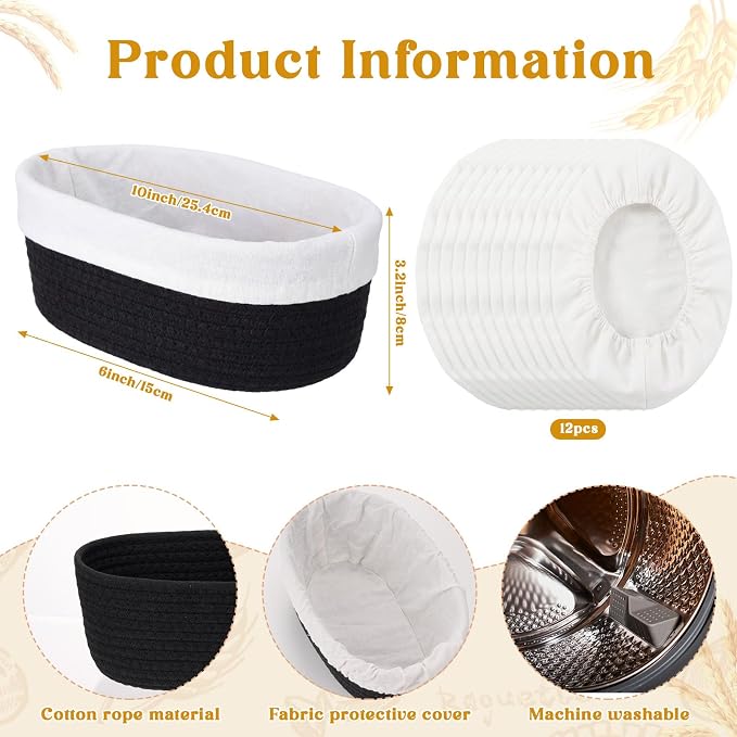 4 Pcs 10 Inch Bread Proofing Basket Set Cotton Rope Oval Banneton Basket Sourdough Bread with Liners Covers for Baking Supplies (Black)