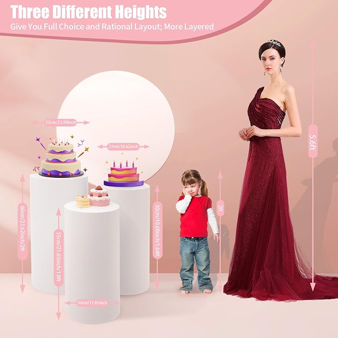 3 PCS Cylinder Stands for Party, White Round Cake Pedestal Stand Metal Cylinder Pedestal Stand Dessert Table Display Pillars for Wedding Birthday Banquet Baby Shower Parties Event Decor 23.62''(L) 21.65''(M) 19.68''(S)
