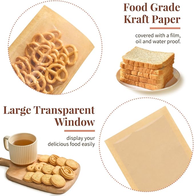 ZORRITA 100 Pack Heat-Sealable Cookie Bags with Window, 5.1 x 7.5 Inches Small Clear Front To Go Bakery Bags, Grease Resistant Kraft Paper Treat Sleeves for Packaging Snack Donut Pastry (Brown)