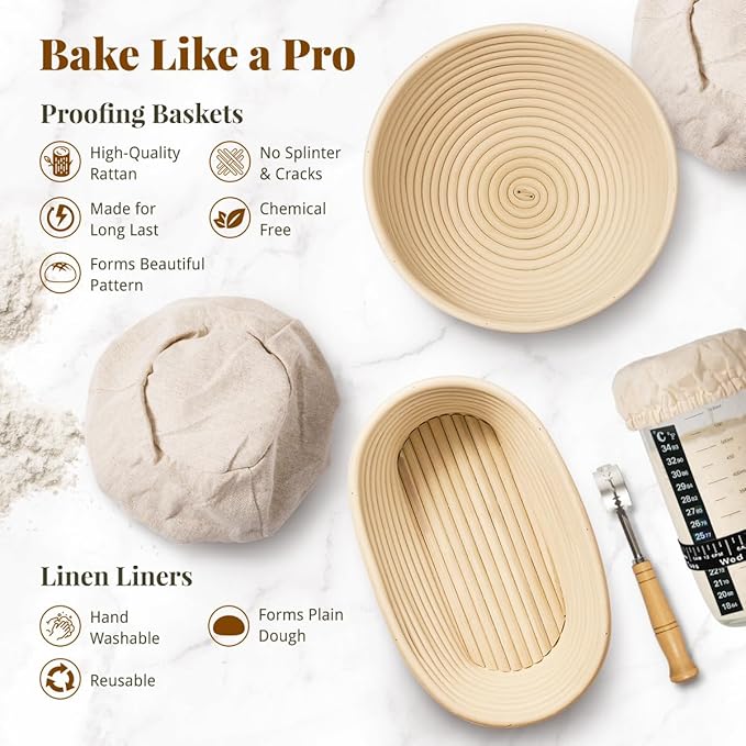 BAVIFY Sourdough Starter Kit, Banneton Bread Proofing Baskets Set, Sourdough Bread Baking Supplies Making Tools with Dough Scraper, Whisk, Bread Lame, Recipe, 1 Round 1 Oval 1 Jar Gift Set