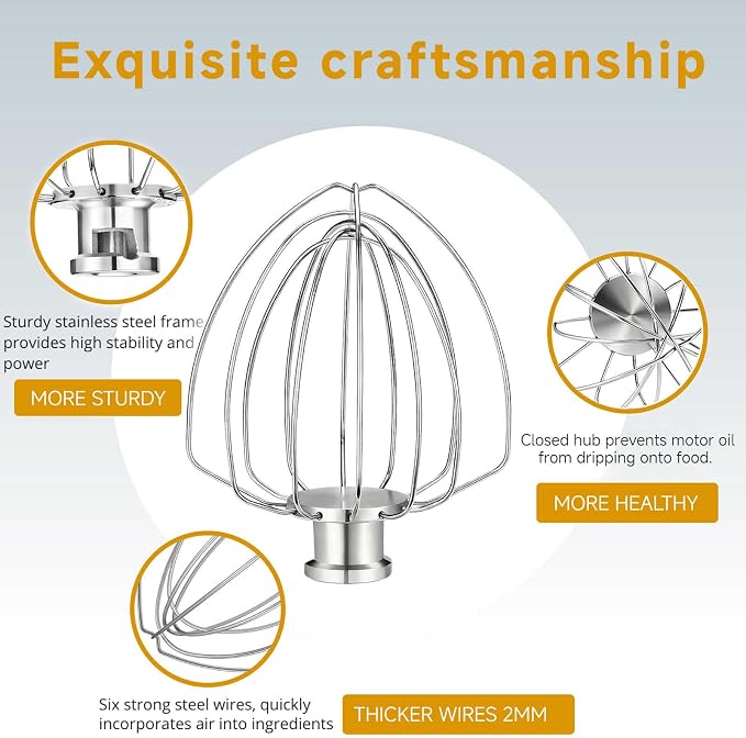 K45WW Whisk Attachment for 4.5 5 QT KitchenAid Tilt-Head Stand Mixer, 6 Wire Whip Compatible with Kitchen Aid accessories，Holeless Hub Design, 30% Faster Mixing, Dishwasher Safe