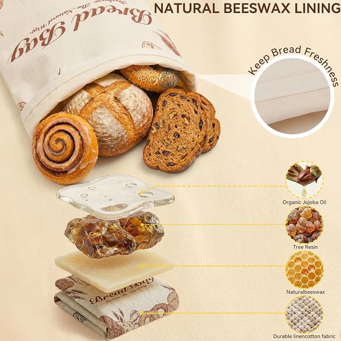 2 Pack Beeswax Bread Bags for Sourdough, Reusable Natural XL Linen Beeswax Bread Bag for Homemade Sourdough 17 x 13 Inches Freezer-Friendly Large Capacity Portable Cloth Bags Keep Bread Fresh