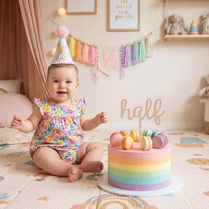 CWK Half Birthday Decorations for Baby, 1/2 Birthday High Chair Banner with Cone Hat & Cake Topper, Half Way to One Party Kit, Photo Props for 6 Month Baby Birthday(Macaron)