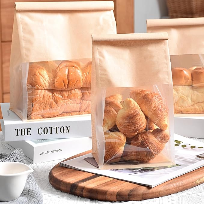Ocmoiy 100Pcs Bakery Bags with Window, Resealable Tin Tie Tab Lock Bread Storage Bag, Clear Front Snack Bags for Packaging Cookies, Loaf, Popcorn, Paper Treat Bags