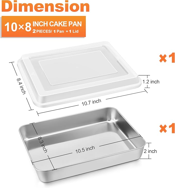 Herogo Baking Pan with Lid (1 Pan + 1 Lid), 8 x 10 Inch Nonstick Rectangle Stainless Steel Baking Set, Deep Cakes Bakeware for Brownies Casseroles, Non Toxic & Dishwasher Safe
