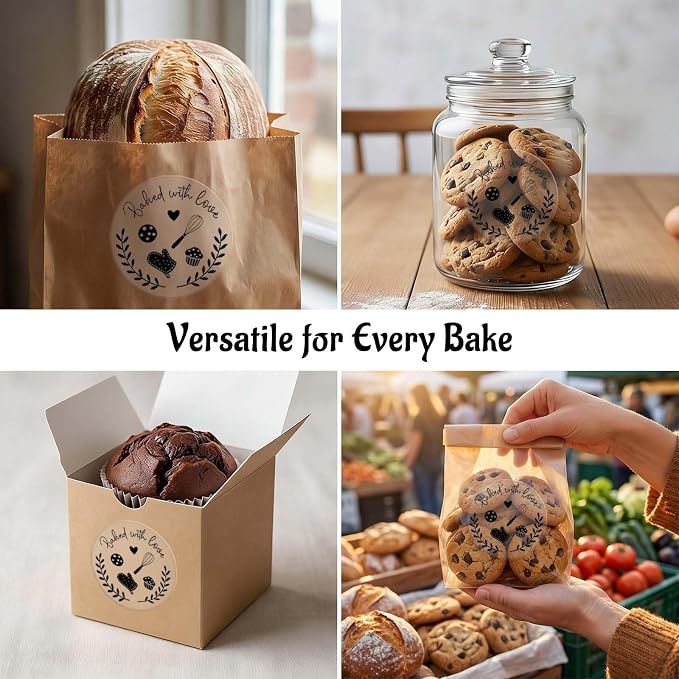 100PCS Baked with Love Stickers,1.6" Round Black Foil Baking Labels for Cookies, Candy Table, Bakery Packaging, Unique Touch to Your Business and Homemade Cookies, Dessert Table Decor (Black)