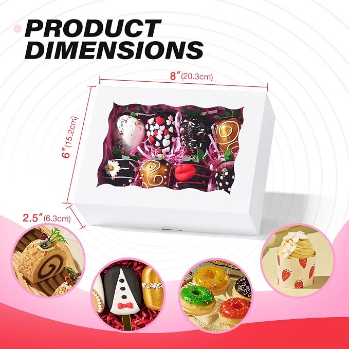 50 Pack 8x6x2.5 Inch White Bakery Boxes with Window, Pastry Box for Chocolate Strawberries, Macarons, Truffles, Ideal for Valentine's Day, Mother's Day, Christmas Party Favors & Holiday