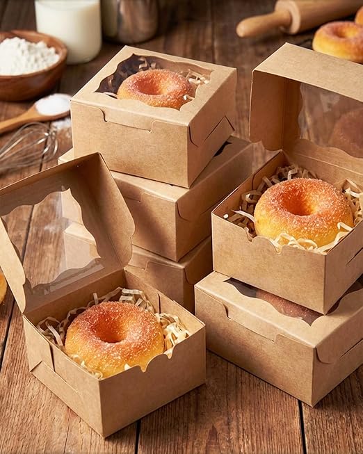 qiqee 400Pcs Brown Bakery Box with Window 4"x4"x2.5" Macaron Boxes Small Donut Pastry Boxes for Party Mini Cookie Boxes