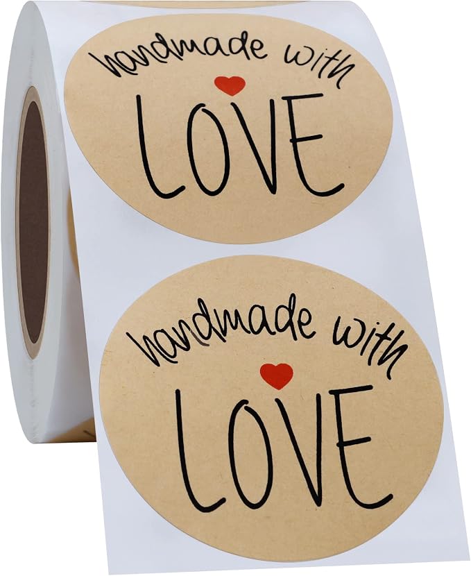 Hybsk Kraft Handmade with Love Stickers with Black Font Total 2" Round 300 Adhesive Labels Per Roll