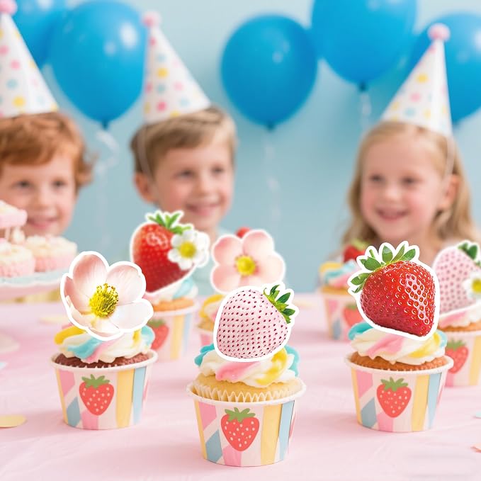 72Pcs Edible Strawberry Cupcake Toppers Wafer Paper Strawberry Flower Bridal Engagement Baby Shower Kids First Birthday Party Cake Decorations Supplies