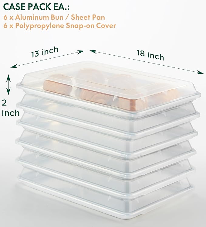 CURTA 6-Pack 1/2 Size 18''x13'' Sheet Pan with Cover | 12 Piece Bundle, NSF Listed, Commercial Baking Pans & Polypropylene Lids, Heavy Duty Bun Pan, High-Volume Baking & Storage