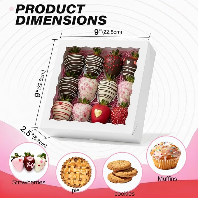 White Bakery Boxes (12pcs, 9x9x2.5 Inches) – For Valentine's & Christmas: Ideal for Cookies, Pie, Chocolate Covered Strawberries, Breakable Heart & Charcuterie