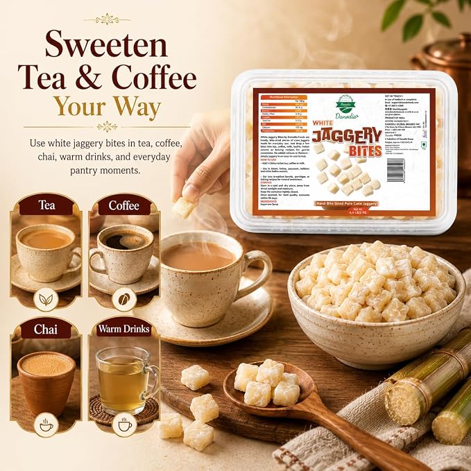 Danodia Foods Organic White Jaggery Bites, Cane Gur Sweetener, 1 lb Pack | Jaggery gur sweetener for chai, coffee, baking, desserts and recipes; Gluten-Free, No Additives, Vegan; everyday recipes
