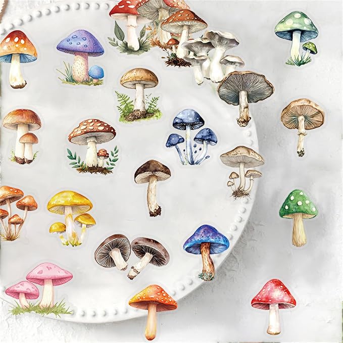 Transparent Mushroom Stickers,50pcs Vintage Mushroom Sticker Waterproof PET Stickers for Scrapbook Journaling Photo Album Collage Card Nature Colorful Agaric Sticker for Teens and Adults(colourful-B8)