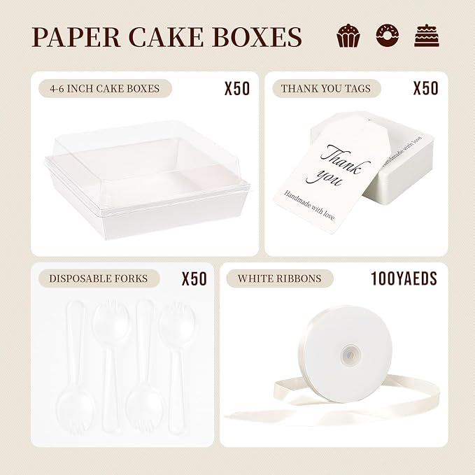 7 x 7 x 2.6 Inches Large Charcuterie Boxes with Clear Lids, 50 Pack Disposable Square Kraft Bakery Boxes, To Go Paper Food Container for Cake Slices, Sandwiches, Cookies, Dessert (White)