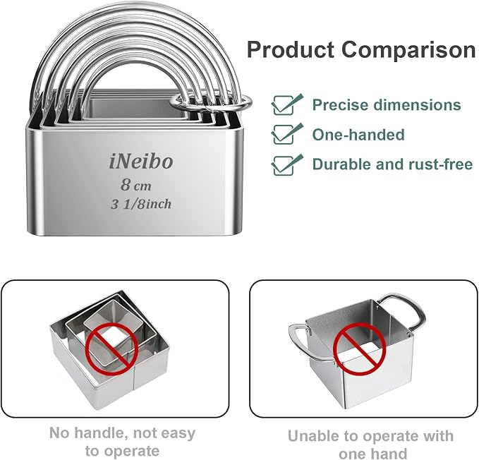 iNeibo Biscuit Cutter Set (5 Pcs/Set), Square Cookies Cutters with Handle, Professional Stainless Steel Pastry Dough Tools Metal Baking Tools Set