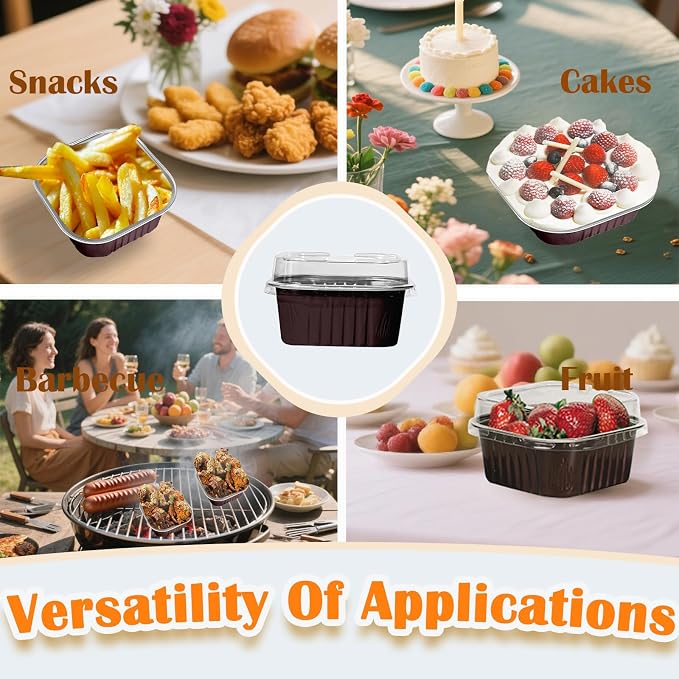 50 Pcs Mini Square Baking Cups with Lids,5oz Aluminum Foil Mini Cake Pans with Lids,Disposable Ramekins Cake Pans,150ml Dessert Cups Cupcake Pans for Wedding Birthday Party,Coffee