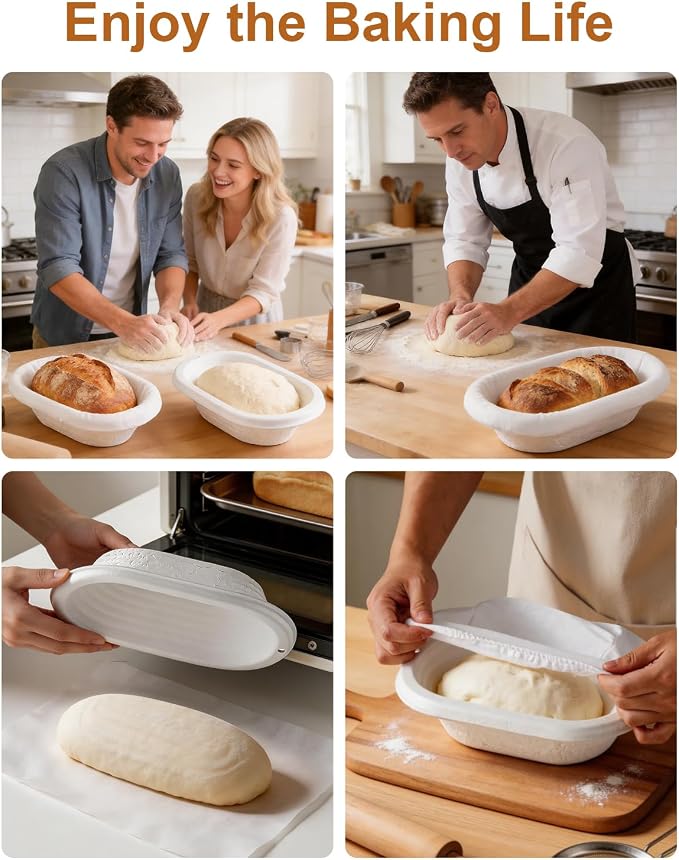 2 Pcs Banneton Bread Proofing Baskets, Sourdough Basket, Oval, 11 Inch | Banneton Basket Set, Proofing Basket for Sourdough & Artisan Bread Baking, Non-Stick, Made with Eco-friendly Sugarcane Pulp
