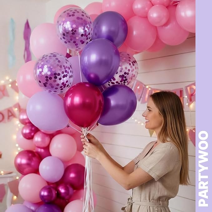 PartyWoo Pink and Purple Balloon Arch Kit Garland 140pcs Different Sizes of 18 12 10 5 Inch Metallic Baby Pink Hot Pink Chrome Light Purple Gold Confetti Balloons for Birthday Party Decorations