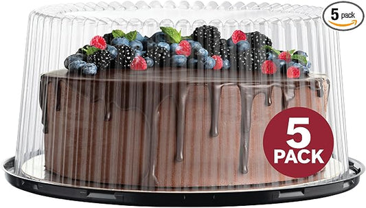 10 - 11" Plastic Disposable Cake Containers Carriers with Dome Lids and Cake Boards | 5 Round Cake Carriers for Transport | Clear Bundt Cake Boxes / Cover | 2-3 Layer Cake Holder Display Containers