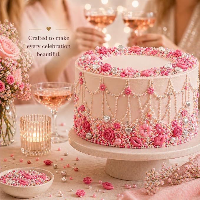 Handcrafted Pink Mini Roses, Silver Hearts, Vermicelli & White Pearls - Vegan, Gluten-Free, Nut-Free, Soy-Free, Dairy-Free Cake & Baking Sprinkles - Perfect for Anniversaries & Special Occasions - 5 Oz